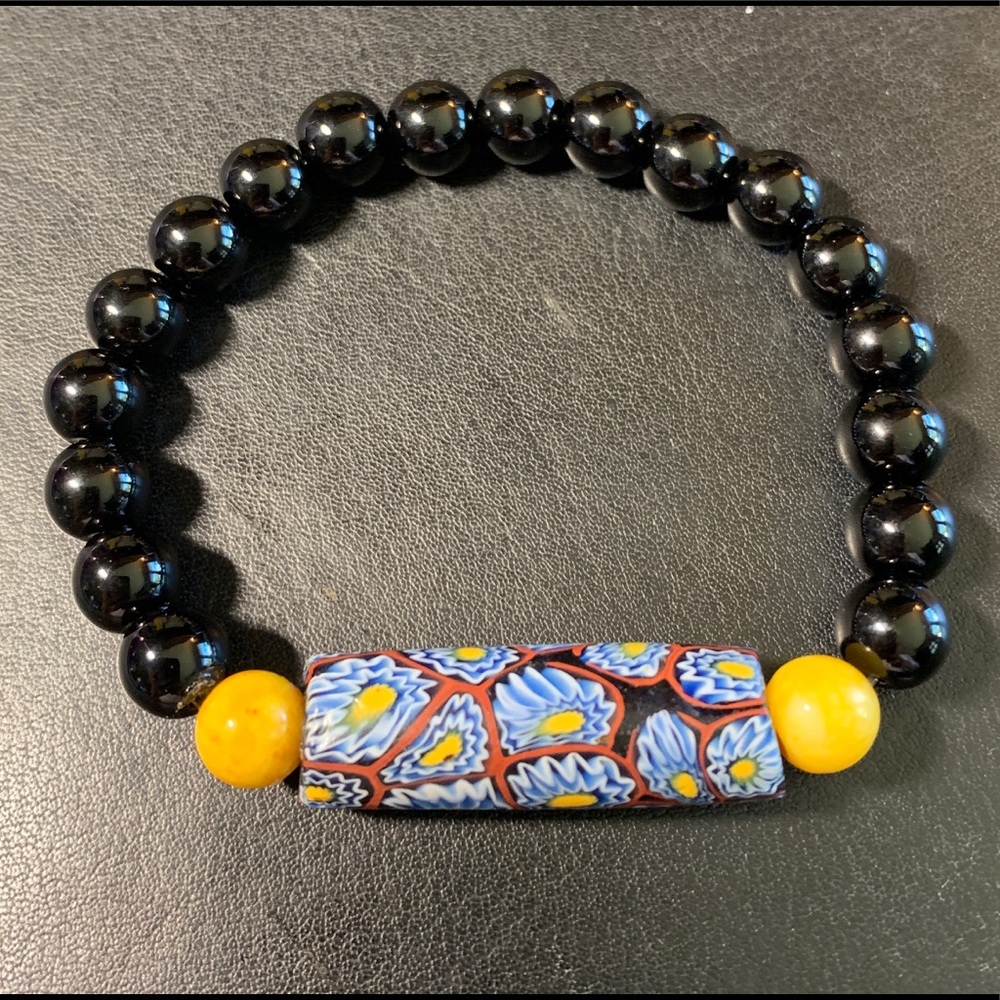 Handmade Obsidian, Yellow Jade, and Mexican Bead